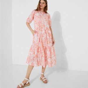 Tommy Hilfiger Coral White Button Front Pineapple Short Sleeve Cotton Midi Dress